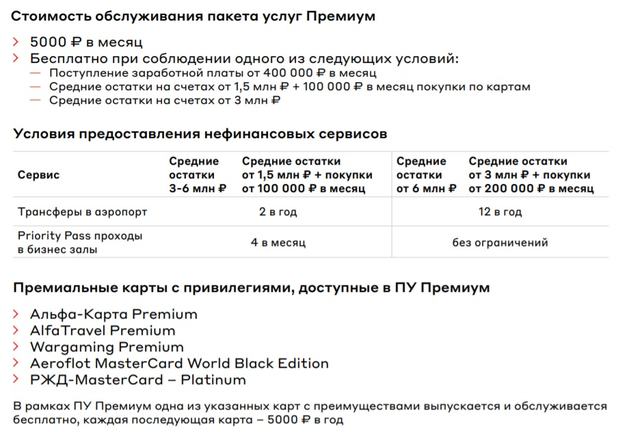 Альфа-карта Premium стоимость обслуживания