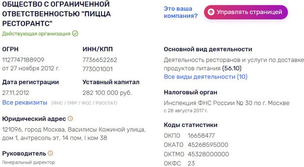 Domino’s Pizza реквизиты