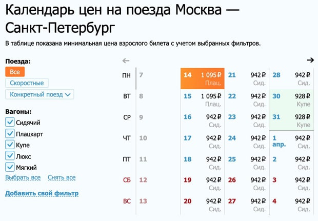 Поезд.ру календарь цен