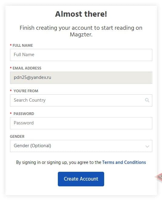 Регистрация на сайте Magzter