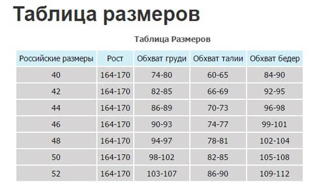 modalada.ru таблица размеров