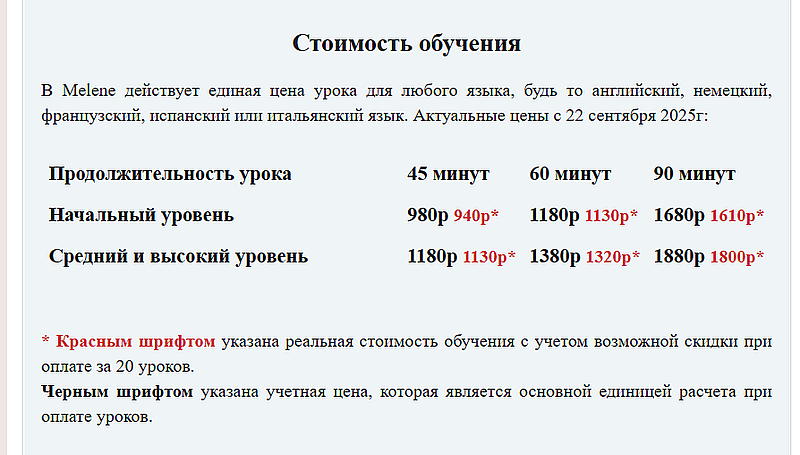 Melene стоимость обучения