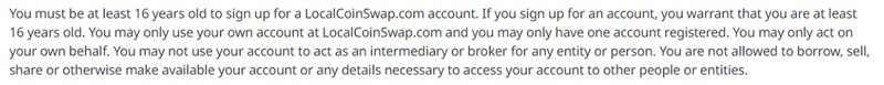 LocalCoinSwap разрешенный возраст регистрации