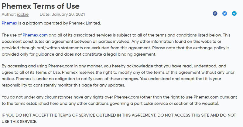 Phemex пользовательское соглашение