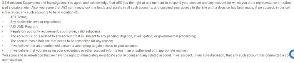 aex.com блокировка аккаунта