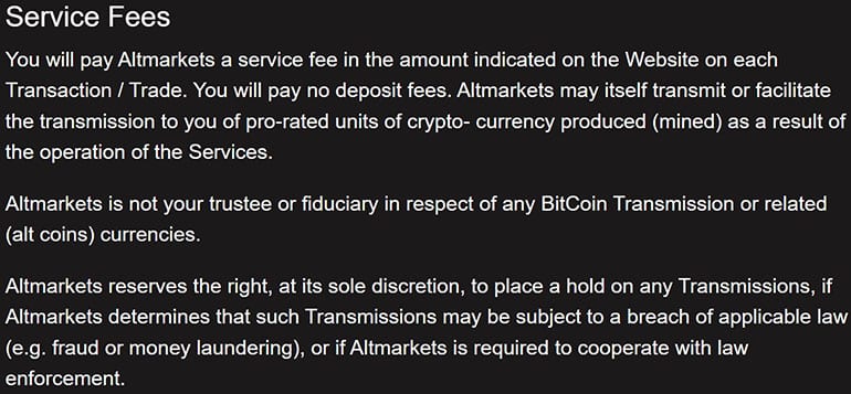 Altmarkets информация о комиссиях