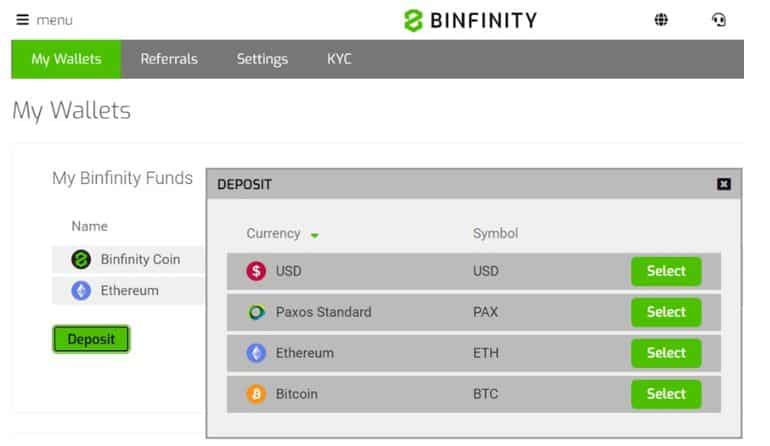 binfinity.io пополнение счета