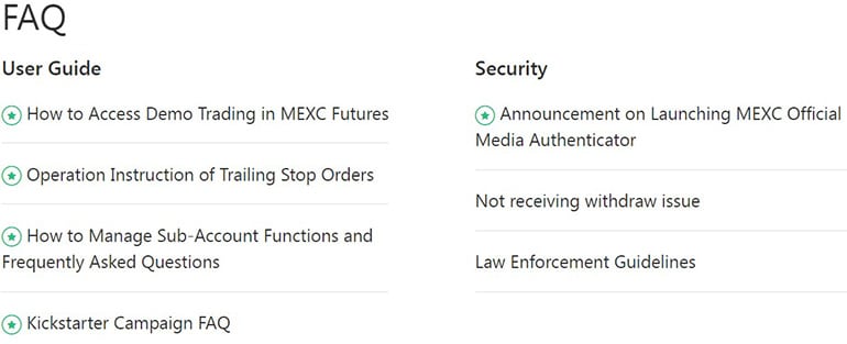 MEXC раздел FAQ