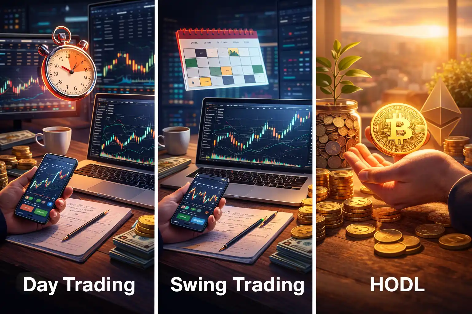 Обзор дейтрейдинг, свинг и HODL Дейтрейдинг, свинг и HODL