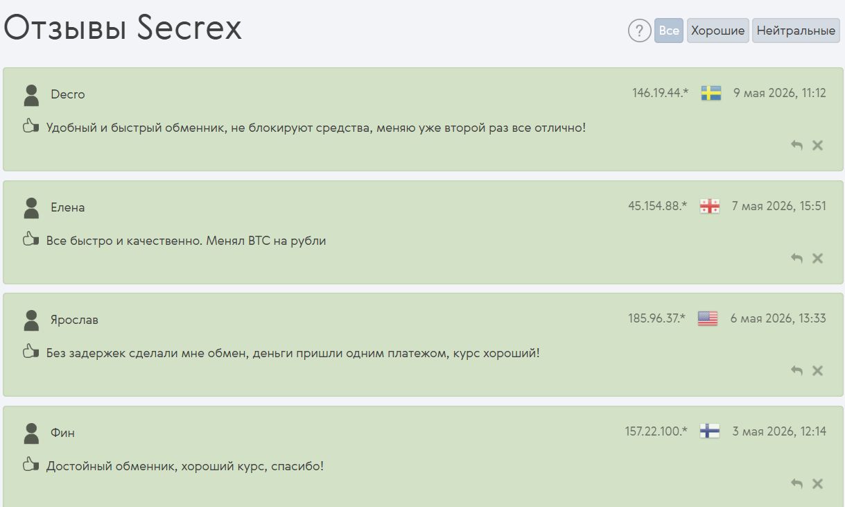 Реальные отзывы пользователей об обменнике Secret Exchange
