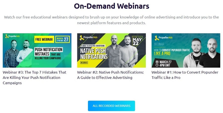 Propeller Ads вебинары на сайте propellerads.com вебинары