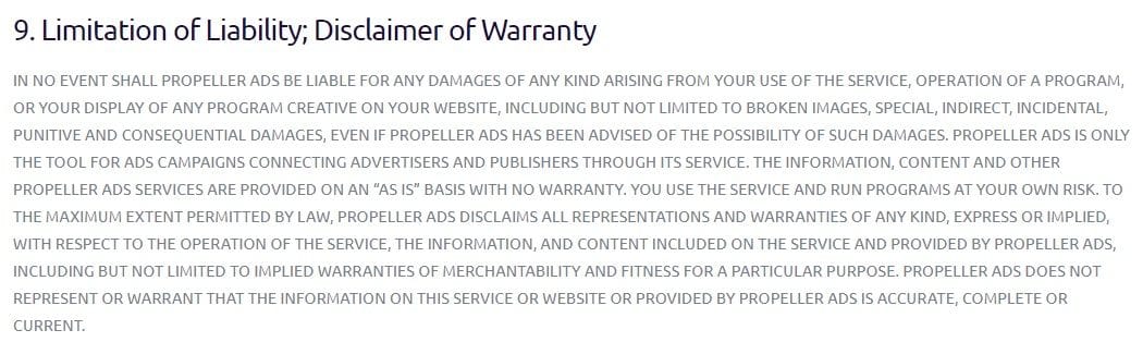 Пропеллер Адс ограничение ответственности Propeller Ads ответственность